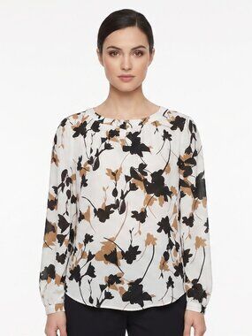 *Le Chateau Floral Long Sleeve Blouse White Black Brown Crew Neck Pleated Top